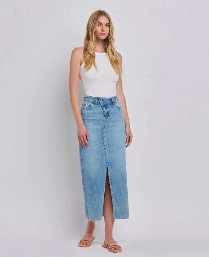 Criss Cross Front Slit Maxi Denim Skirt — Northwind Blooms